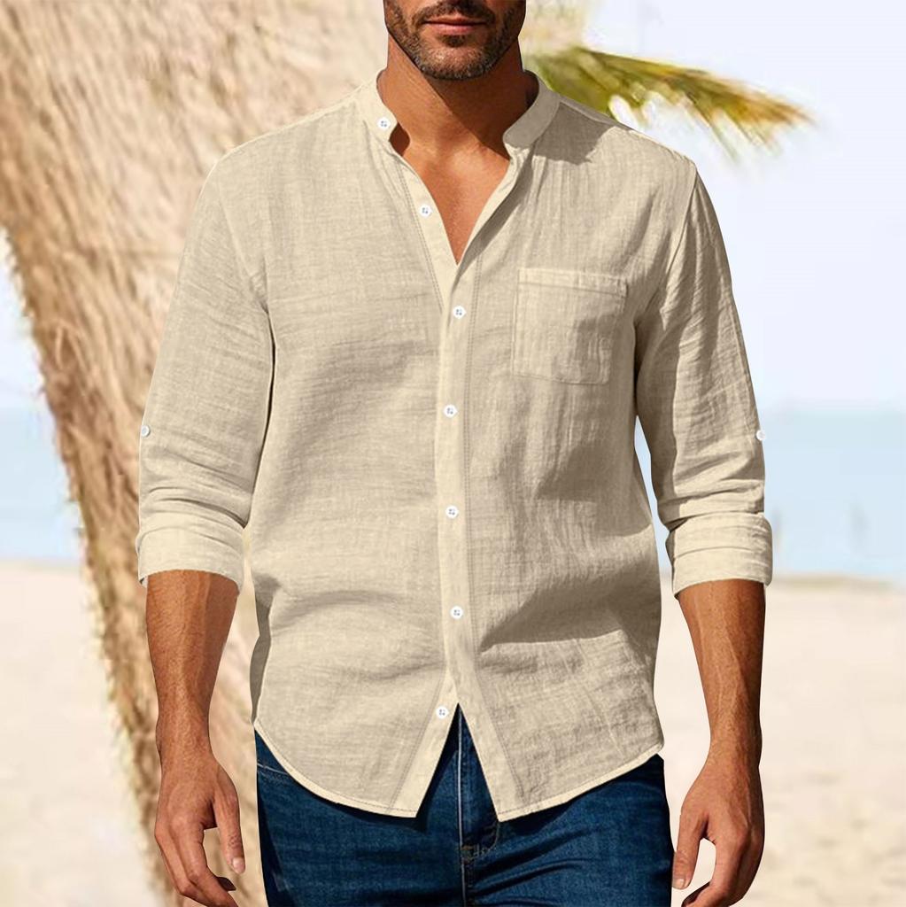 Spring And Fall  Linen Men's Shirt Long Sleeve Breathable Casual Pocket Shirt