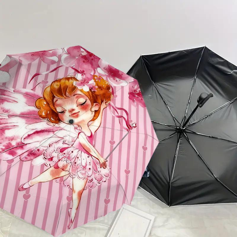 1pc fairy flower Automatic Folding Umbrella, Heavy Duty 8 Rib Iron Frame,  Suitable for Travel, Daily Use, Birthday, Decor Gift m0104034
