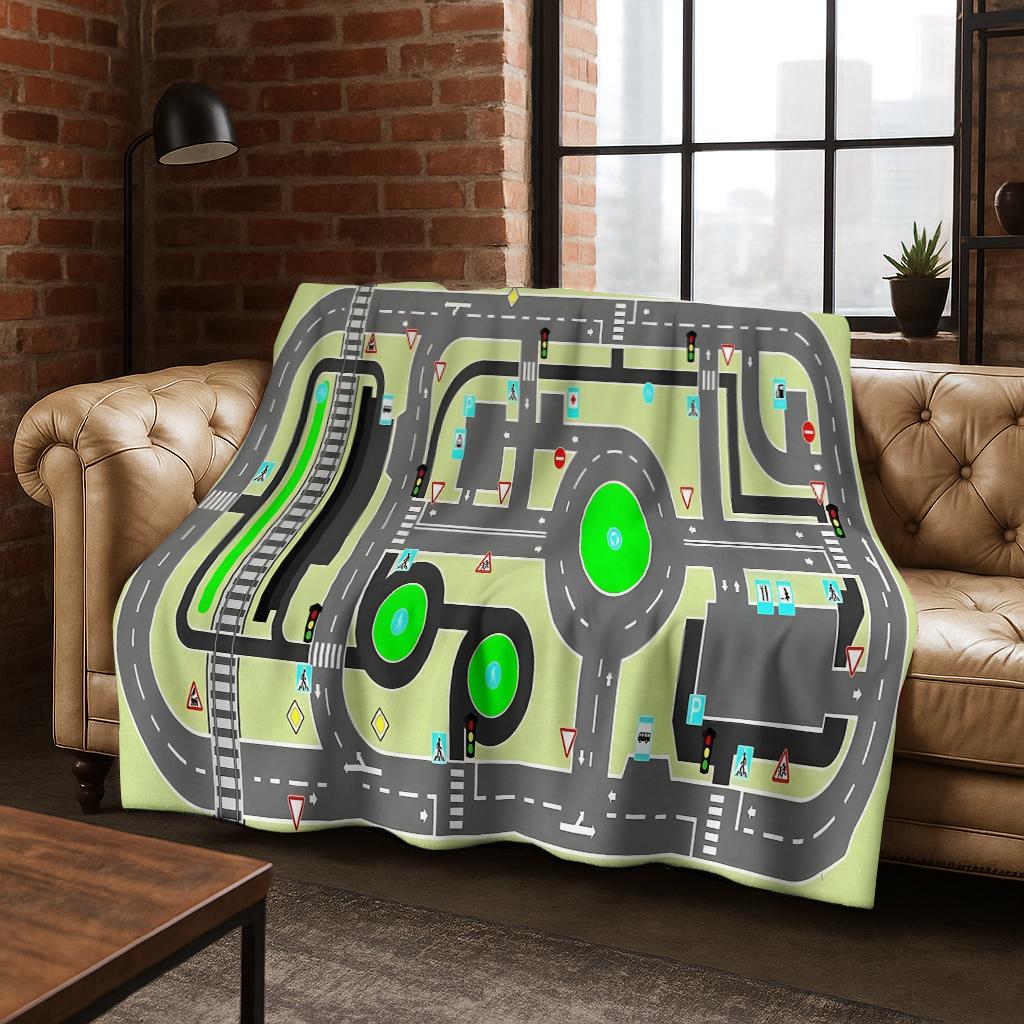 Kid Urban Road Highway Traffic Ship Cartoon Flannel Blanket Soft Warm Blanket for Bedroom Room Living Room Travel Camping Picnic