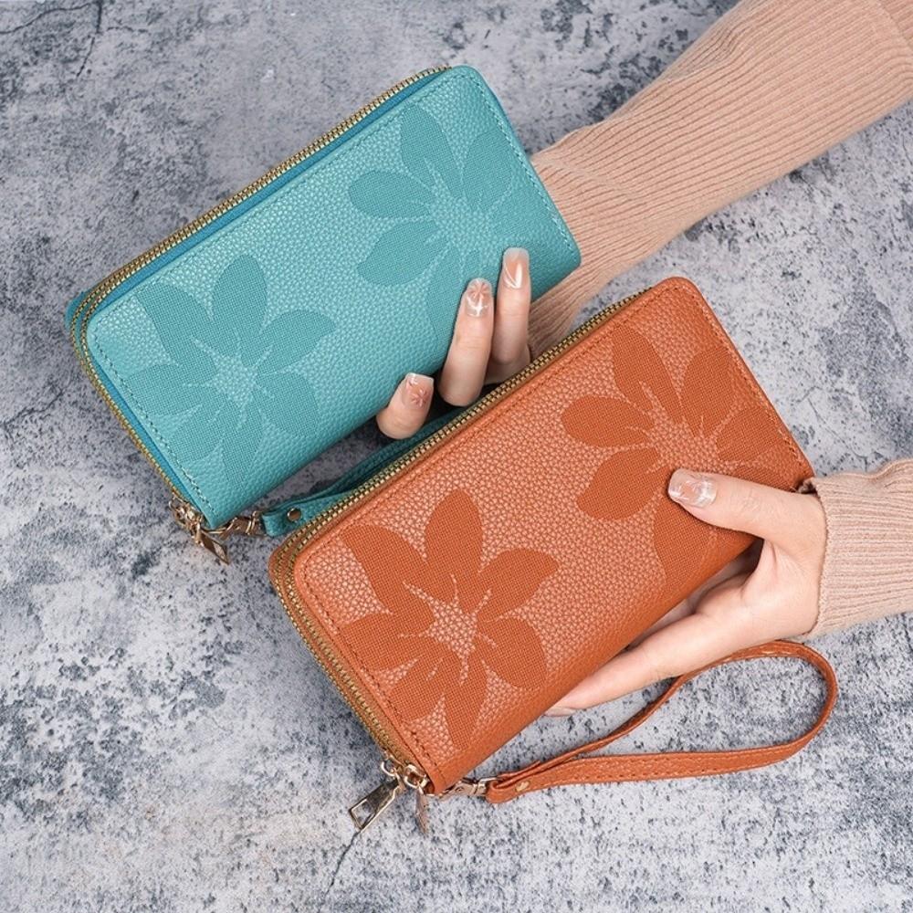 Double Zipper Ladies Long Wallet PU Leather Large Capacity Handle Bags Multi-layer Floral Embossed Zero Wallet