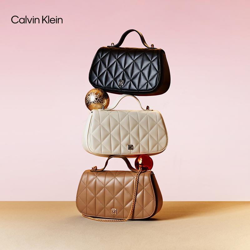 Calvin Klein Elegant Casual Commuter Metallic Monogram Diamond Pattern Synthetic Leather Crossbody Bag Women Bags Space-Black 4F3410G-UB1