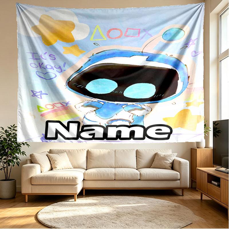 Custom Name Personalized Cosmic Bot Crew Print Tapestry, Wall Art Decor, Bedroom, Dorm, Apartment, LivingRoom, Party Backdrop, Gift for Birthday