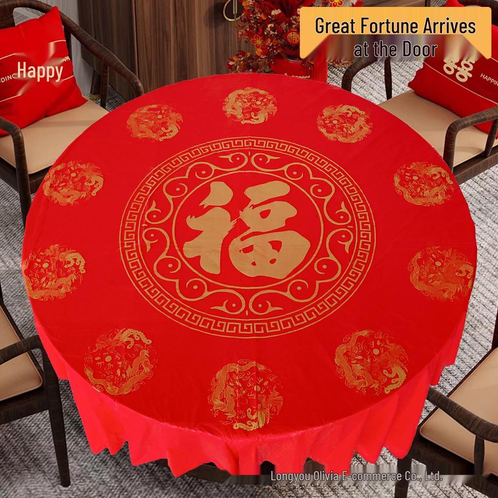 Double Happiness Thickened Disposable Tablecloth - Deep Red for Weddings, Banquets, and New Year Celebrations.