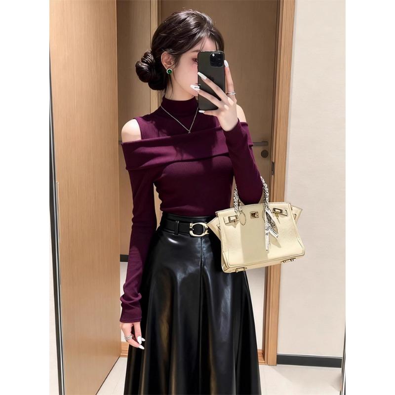 

Red Petite Off-shoulder High-neck Knitted Bottoming Shirt for Women to Wear with Autumn and Winter Unique French Sweet Hottie Beautiful Top Onesize фіолетовий