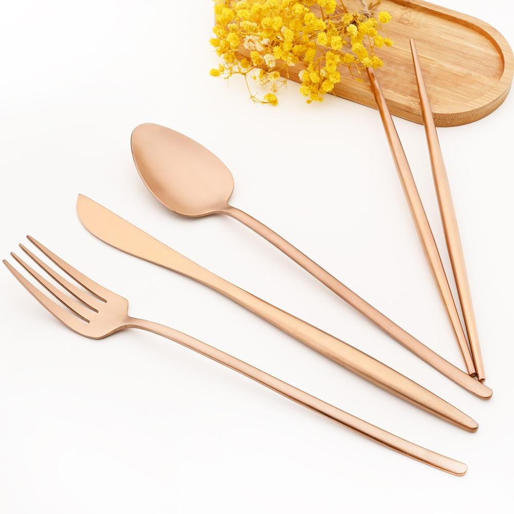 Vintage Rose 304 Stainless Steel Dinnerware Set Cutlery Matte Flatware Dinner Knife Fruit Fork Spoons Chopsticks Tableware Set