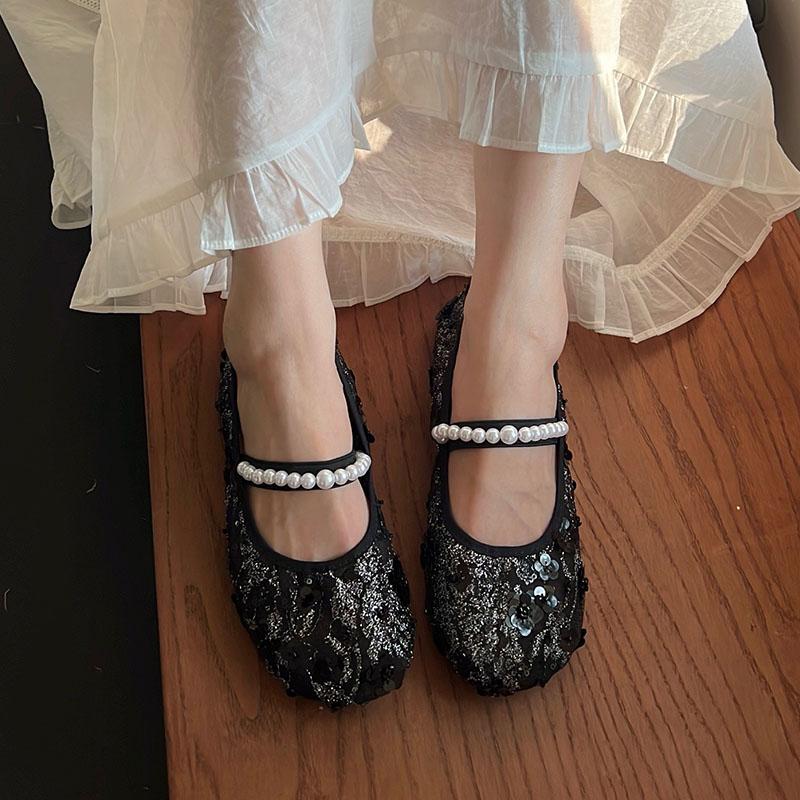

Мода Новинка 2025 Мода Нить Бусины Женские Балетки Мэри Джейн Обувь Женская Обувь Дизайнер Блеск Женские Балетки Туфли 35 чёрный