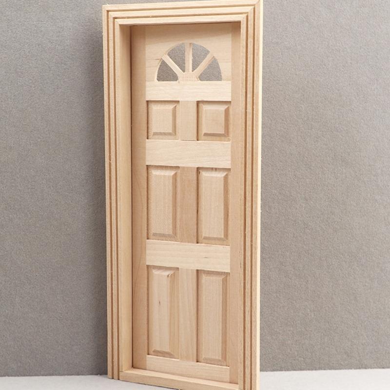 Rural Farmhouse Styles Unpainted Wood Door with Semicircular Sun Window for 1/12 Scale Doll House Scene Arrangement