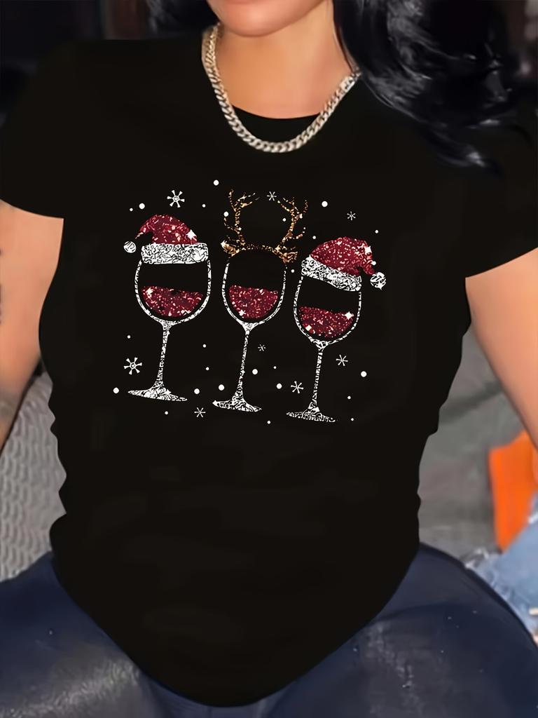 Merry Christmas Tshirt with A Magnet of A Cup Curvy Glitter Christmas Tshirt for Women Farm Clothes Halloween Playful Design
