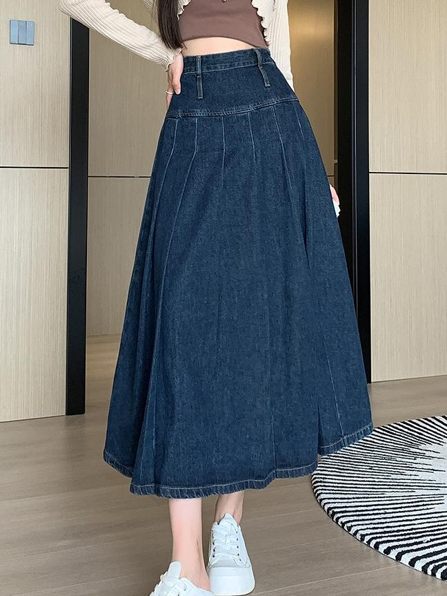 Chic Pleated Jeans Skirts Spring Autumn High Waist Long Washing Ladies Straight Women Loose Denim Midi Skirts