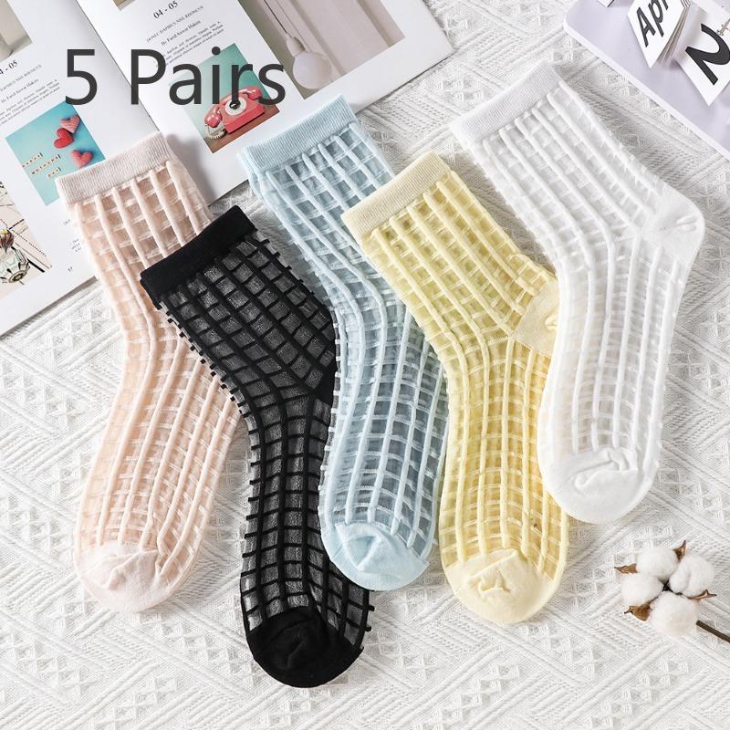 5 Pairs of Women's Summer Super Thin Polka Dot Cotton Sole Anti Hook Embroidered Clear Crystal Stockings