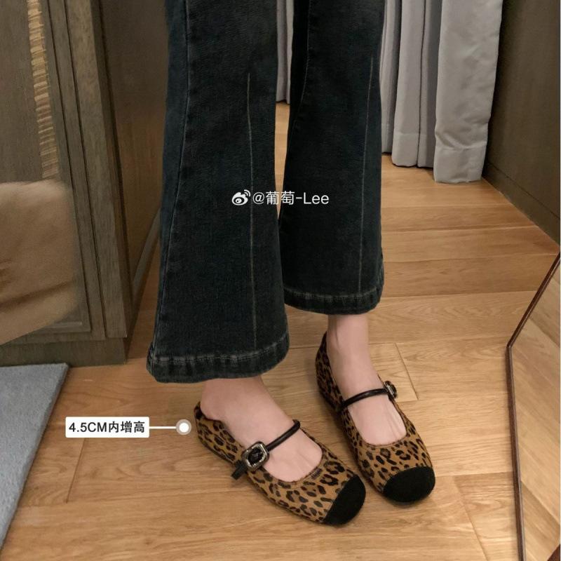 Shoes temperament round head with leopard print inner height increase Mary Jane single shoes women's spring