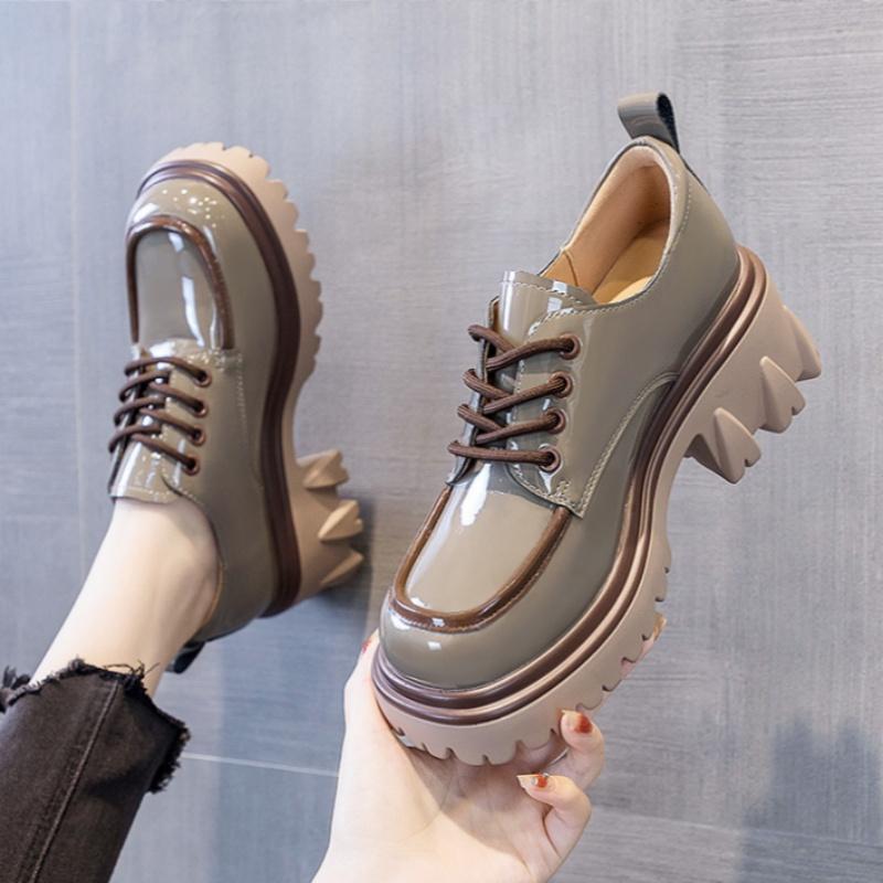 [Stylish Loafers] Stylish Chunky Heel Loafers - Women's White with Brown Accents, Thick Sole, Lace-Up Design, All-Season Comfort Shoes,Casual Footwear