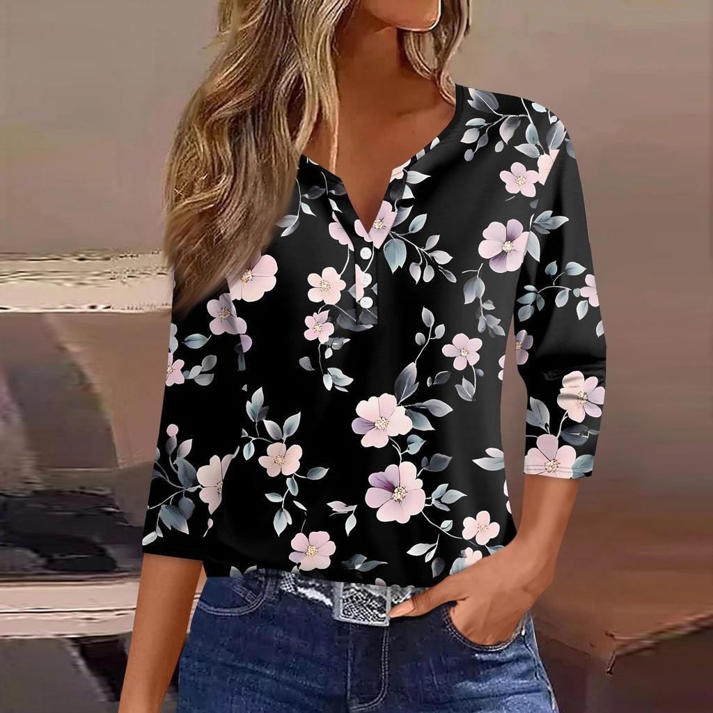 Damen T-Shirt mit Aufdruck, Knopfleiste, 3/4-Ärmel, für den Alltag, Wochenendmode, Basic, V-Ausschnitt, normales Oberteil