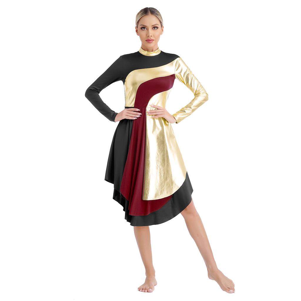 Women Color Block Liturgical Praise Dance Dress Church Worship Costume Lyrical Irregular Hem Dancewear