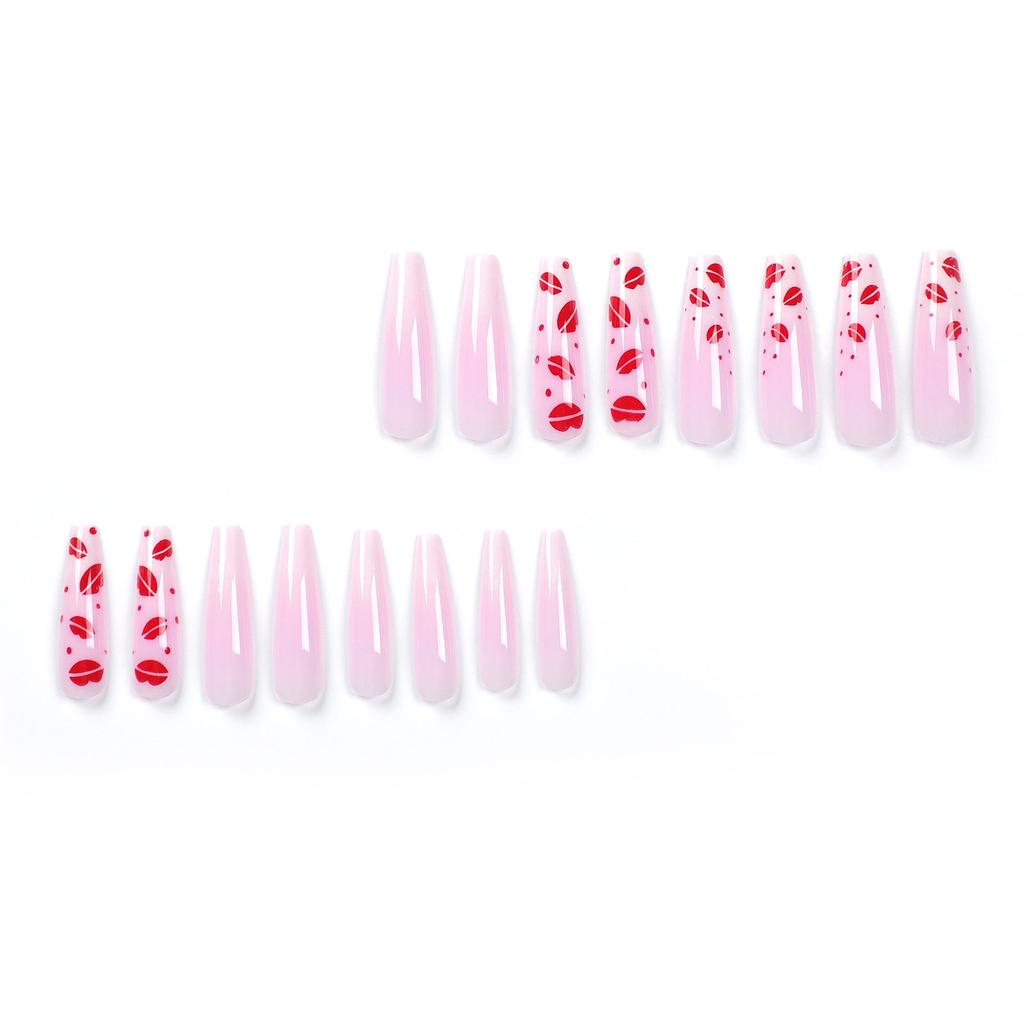 24pcs Long Press On Nails French Gradient Color Red Lips Print Artificial Nail for Women and Girl Party Activity