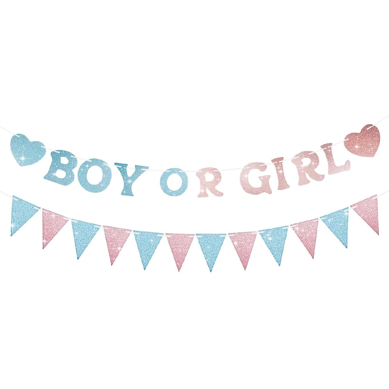 Boy or Girl Banner Gender Reveal Decorations, Pre-Strung Gold Glitter Baby Gender Reveal Decorations, No Diy He or She Party Decor for Girl Boy