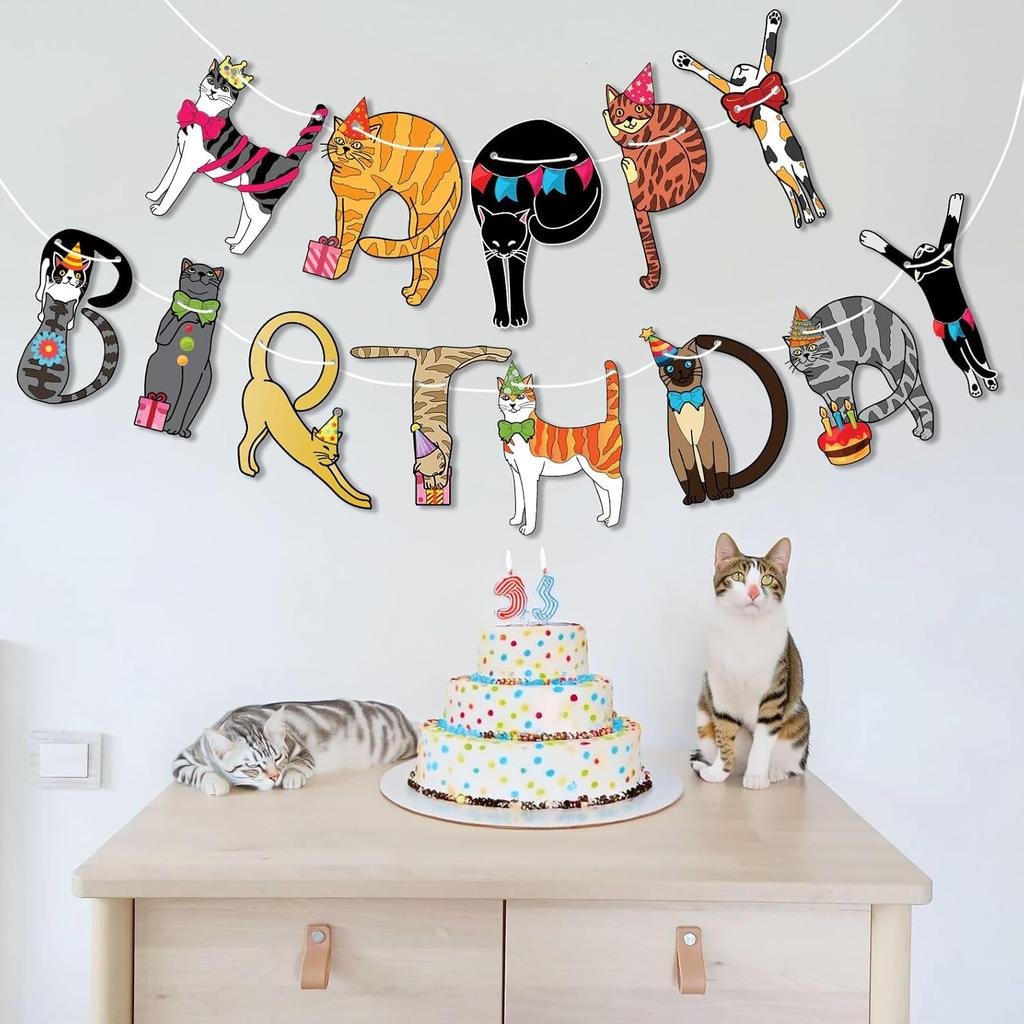 Cat Birthday Garland, Cat-Themed "Happy Birthday" Banner - Colorful and Fun Party Decoration for Kitten Lovers - Funny Kittens Garland