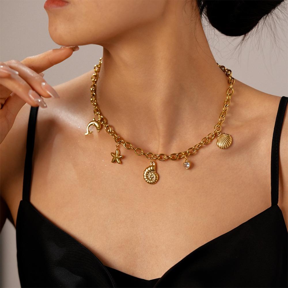 Turquoise Shell Starfish Necklace Titanium Steel Starfish Beach Earrings  Women Daily