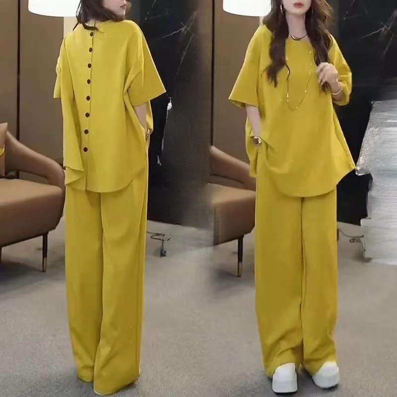 Letní dámský volný módní oblek s flitrovaným krátkým rukávem, tričko s vysokým pasem a širokými nohavicemi, dvoudílný oblek