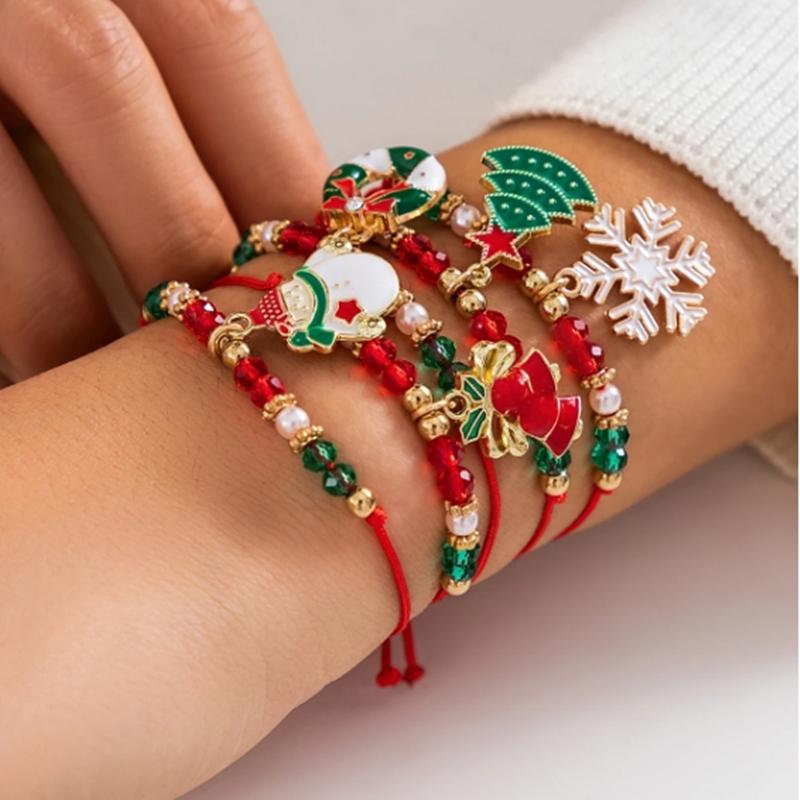 5pcs/set Cute Christmas Series Snowflake Tree Pendant Crystal Bracelet Women CCB Beads Adjustable Thread Rope Bracelet