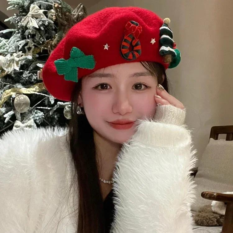 

Women Christmas Beret Cap Red Green Beret Female Winter Headwear Xmas Party Dress Up New Year Gifts Girl Wool Christmas Hats circumference 57cm чёрный