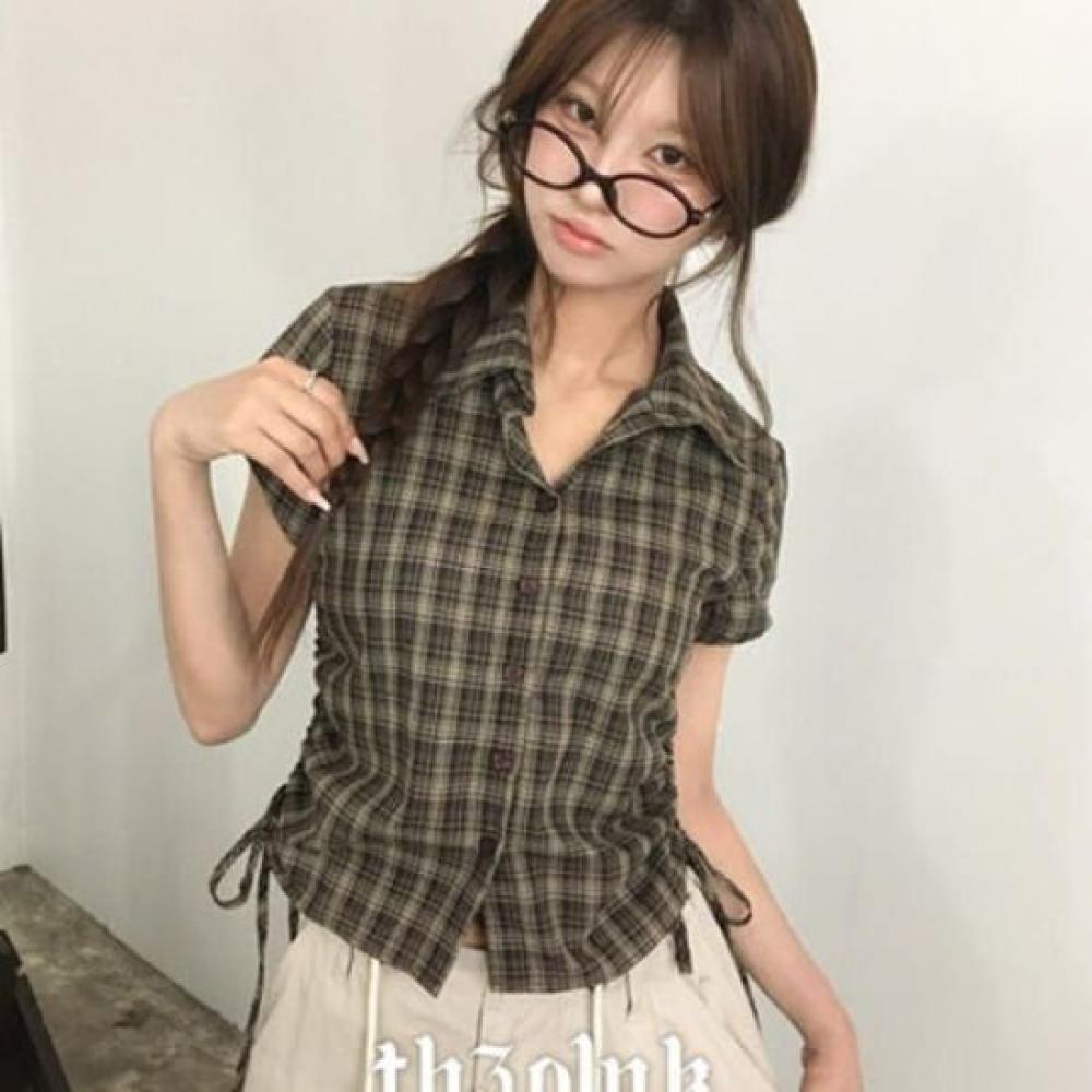 The Pink Side Shirring Ribbon Check Short Sleeve Shirt
