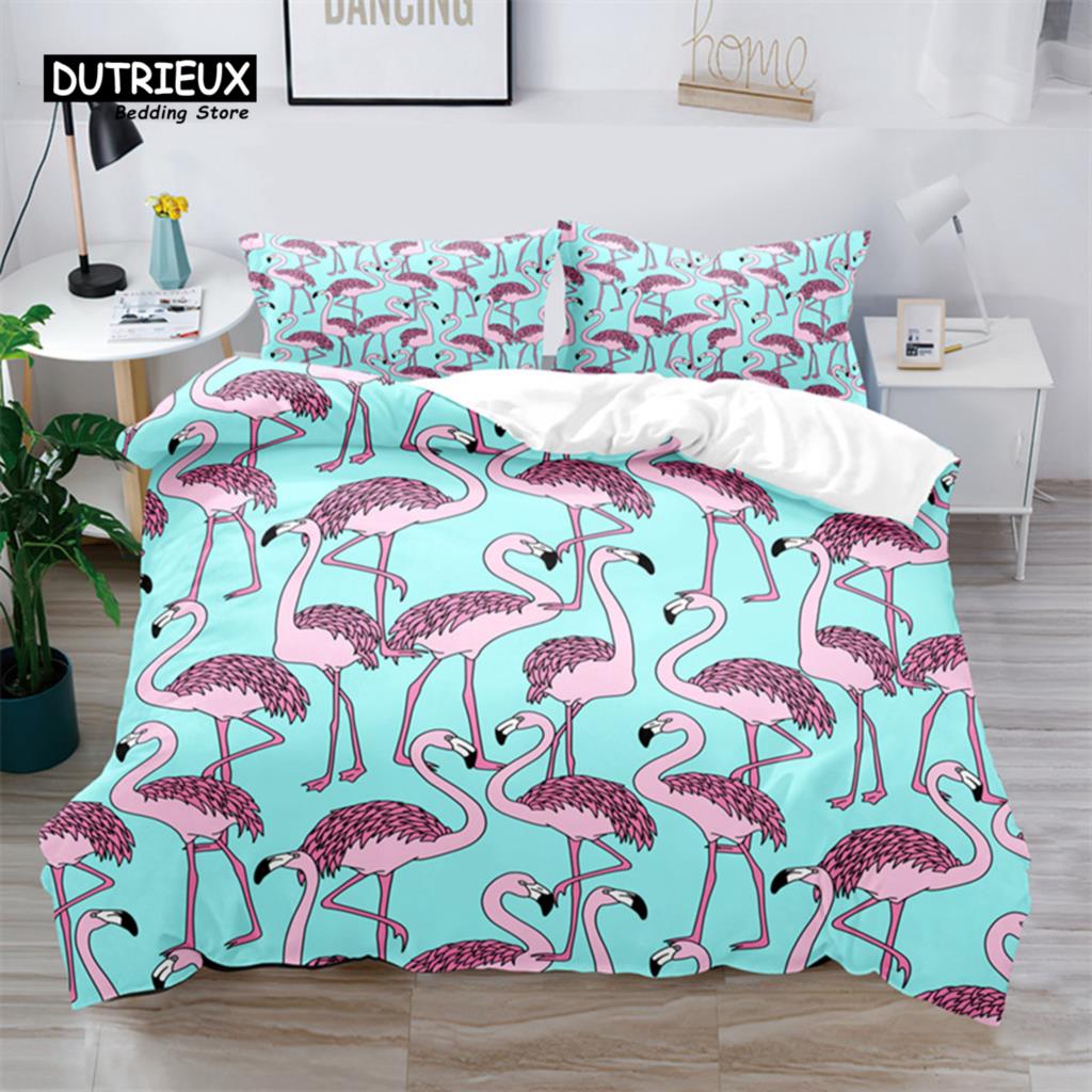 

Мягкий красочный постельный комплект «Фламинго» размера «Квин» из микрофибры с тропическими цветами и зелеными листьями, пододеяльник с наволочками, домашний текстиль EU single(135x200cm)