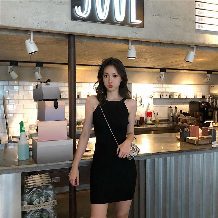 Summer Black Slim-fitting Neck-hanging Knitted Dress Women's Tight Hip-wrapped Skirt Sexy French Temperament Spice Girl Short Skirt