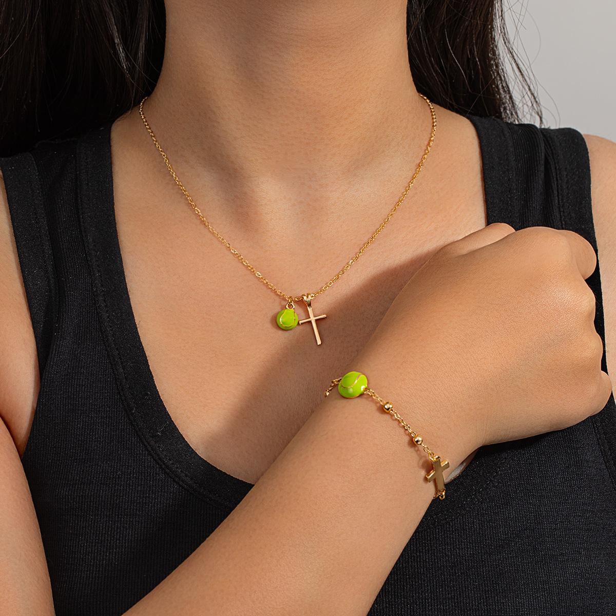 

Tennis Element Cross Pendant Necklace, Trendy and Personalized Layered Bracelet Set