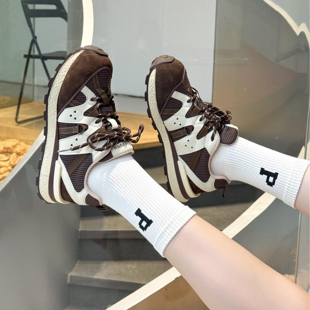 2025 new mesh splicing retro dad shoes multi-color contrasting color round head lace-up casual sports versatile trend women