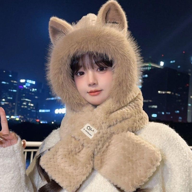 Winter Simple New Style Thickened Warm Plush Scarf All-in-one Hooded Scarf Three-in-one Cute Fox Ear Hat Female Hooded Ski Mask