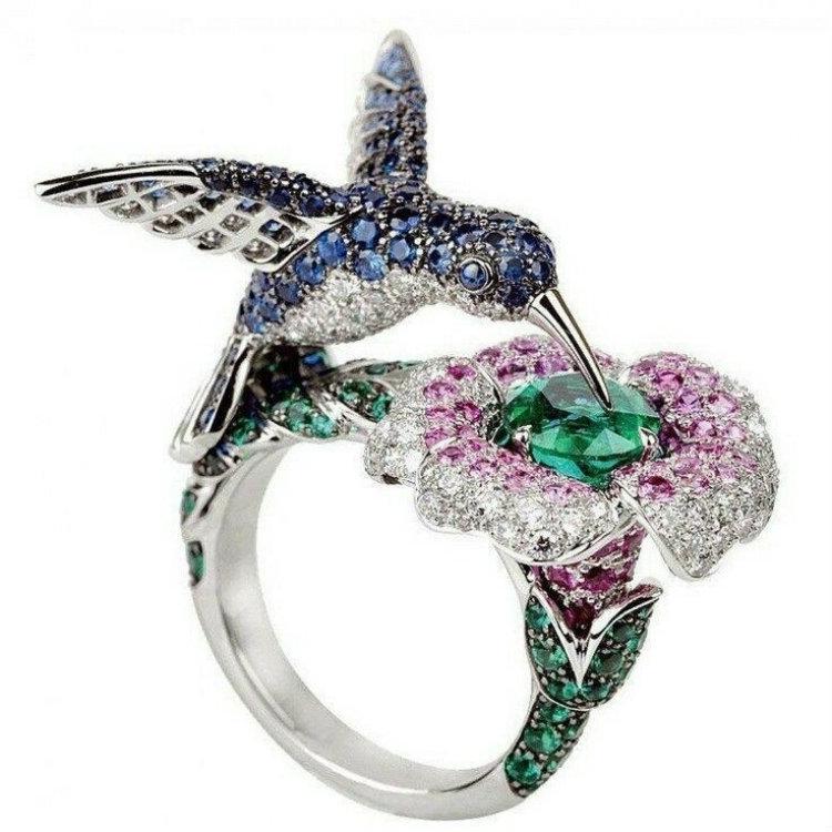 New Hummingbird Flower Ring: Creative European-American Design with Micro-Inlaid Zircon Size 8