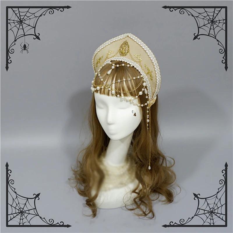 

Lolita Girl Gothic Beads Chain Tudor Crown Hood Coronet Headpiece Elizabethan Renaissance Goddess Royal French Tiara Headband