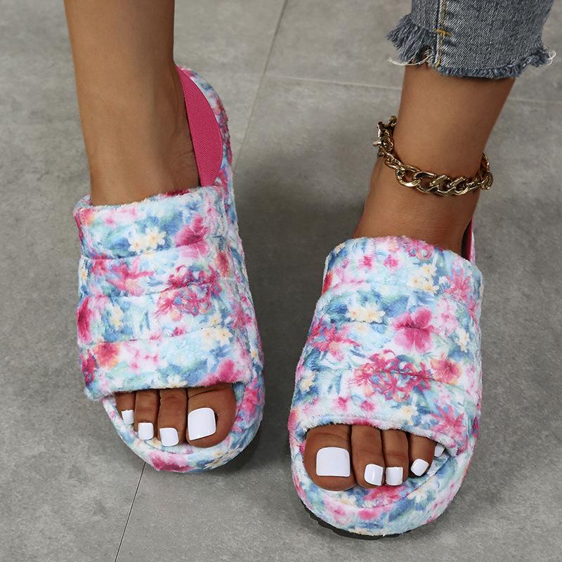 Fashion 2024 Faux Fur Home Slippers Fluffy Non-slip Comfortable Flat Sandals Women Printing Cute Slipper Women's Shoes Autumn Plus Size