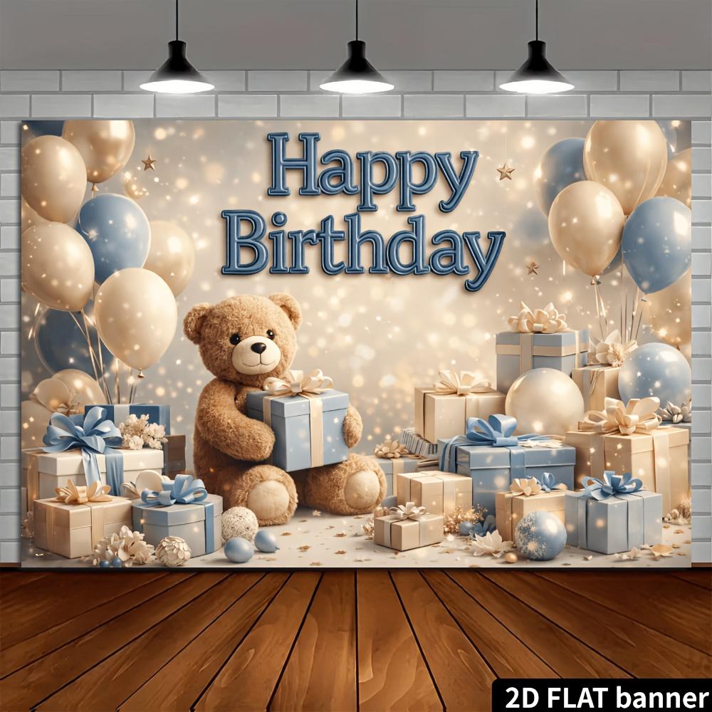 2D Plane Teddy Bear Birthday Party Background Fabric Blue and Gold Balloons Suitable for Indoor and Outdoor Use Polyester