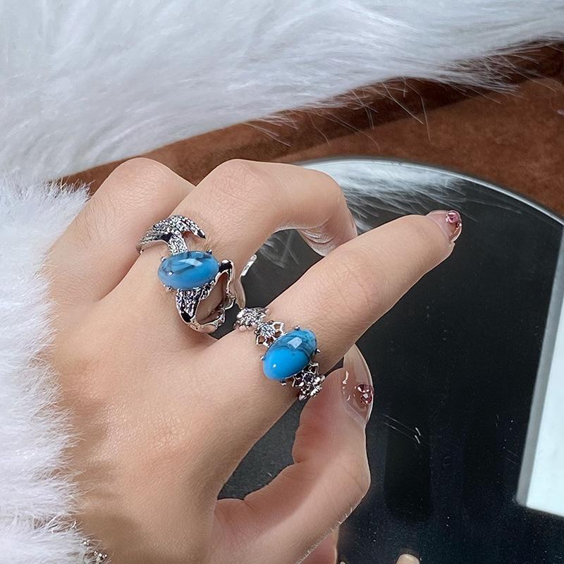 Celebrity Hong Kong Style High-End Egg-Type Turquoise Open Ring Light Luxury Niche Design Temperament Stacked With Personalized Rings