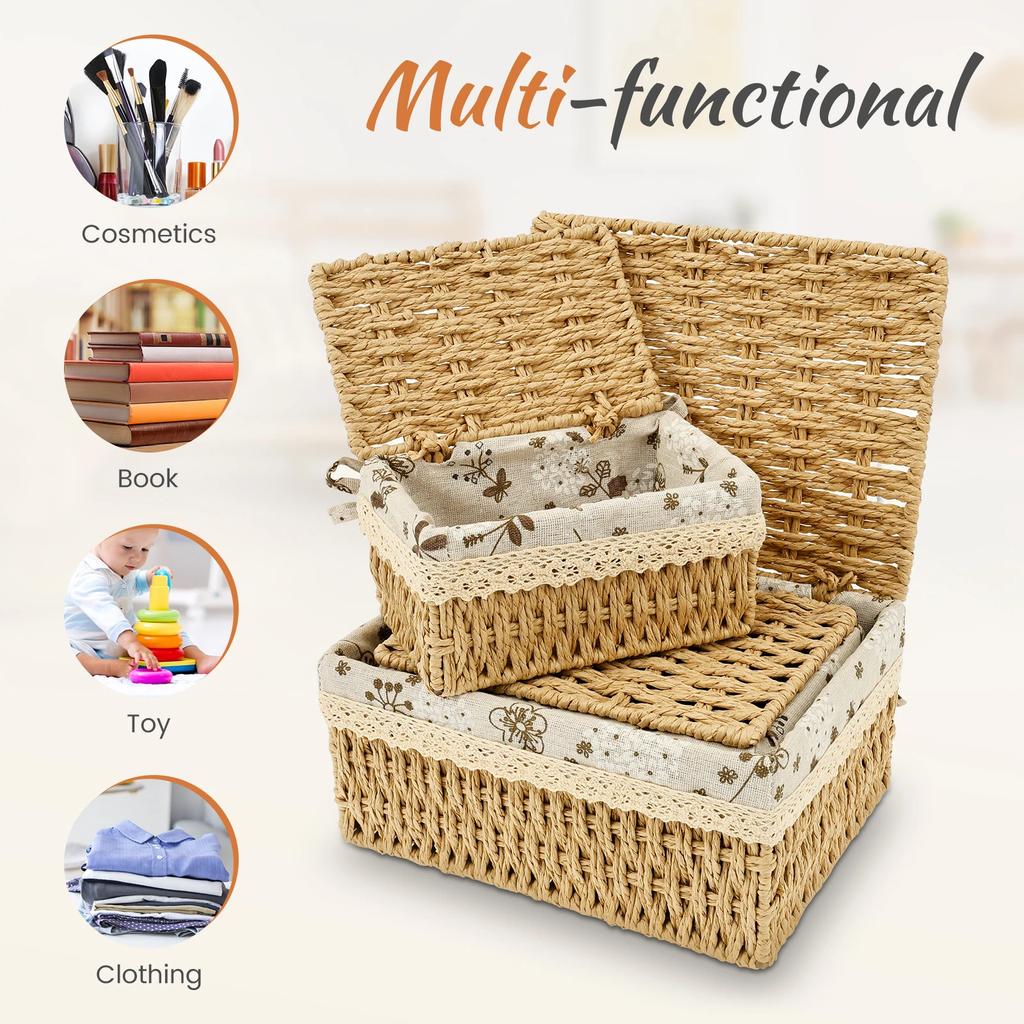 3Pcs Rattan Woven Storage Basket Stackable Food Towels Clothing Basket Cosmetic Rectangular Storage Box Home Kitchen Supplies