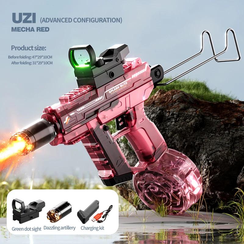Uzi Electric Water Gun With Realistic Muzzle Flame, High Pressure Squirt Gun For Summer Pool Water Fighting Toys For Adults