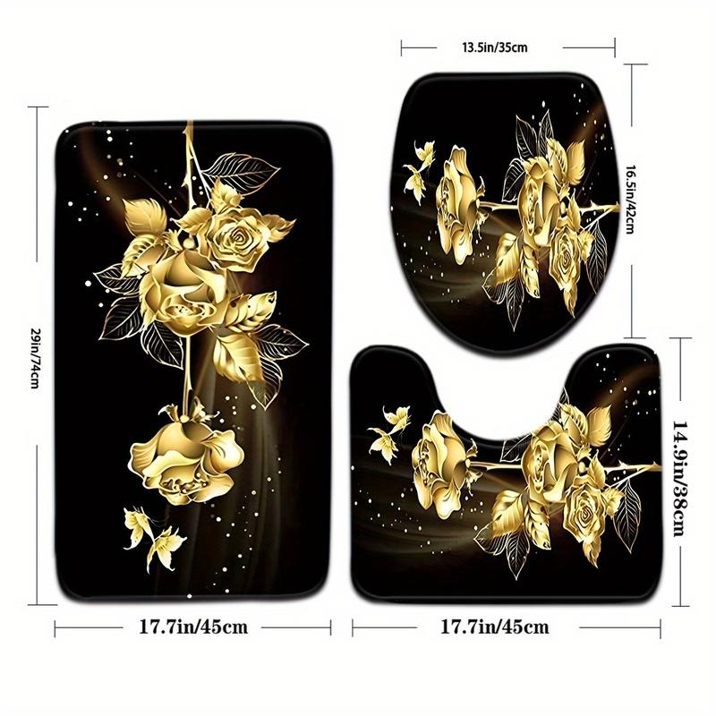 3pcs Golden Rose Butterfly Bathroom Rug Set Non-Slip U-Shaped Mat and Toilet Lid Cover Black Gold Theme Washable Floor Mats