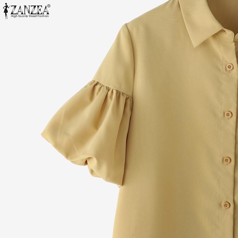 ZANZEA Women Summer Turn Down Collar Puff Short Sleeve Blouse
