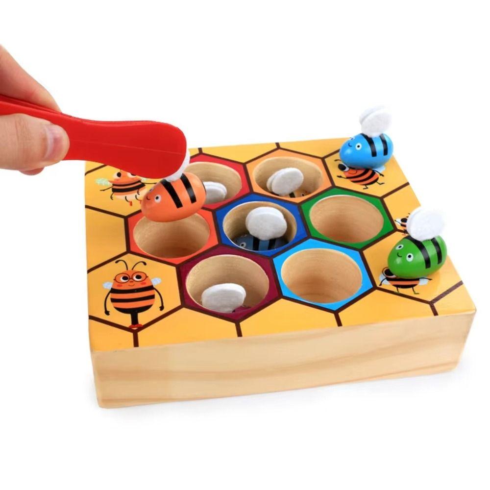 Wooden Early Education Beehive Game Montessori Clamp Bee To Hive Toy  Color Cognition
