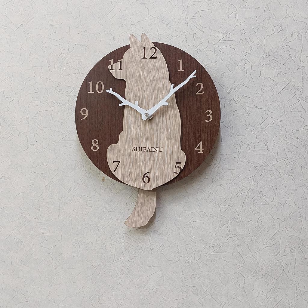 Shiba Inu Beige Wall Clock with Pendulum, Wooden Design, Quiet, Natural, Stylish, Dog Lover's Gift, Dog Motif, Nordic Style, Cute, Wagging Tail
