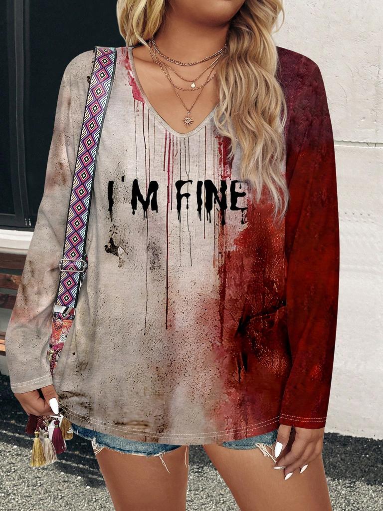 Halloween Bloody Print 3D Graphic Long Sleeve T-Shirt Casual V-Neck Top Polyester Breathable Women's Fashion Apparel