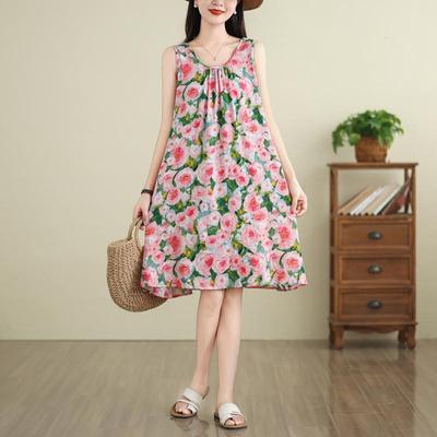 Sleeveless Plus Size Cotton Vintage Floral New In Dresses for Women Casual Midi Loose Summer Dress