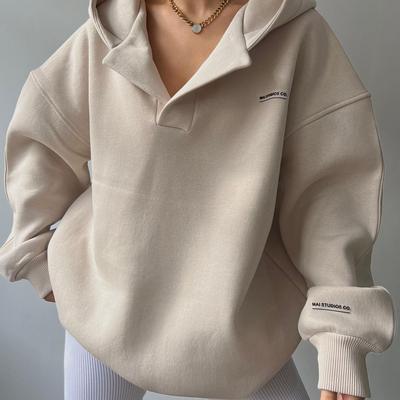 Women's Fashion Fleece-lined Hooded Printed Long-Sleeved Basic All-Match Sweater V-Neck Sweater