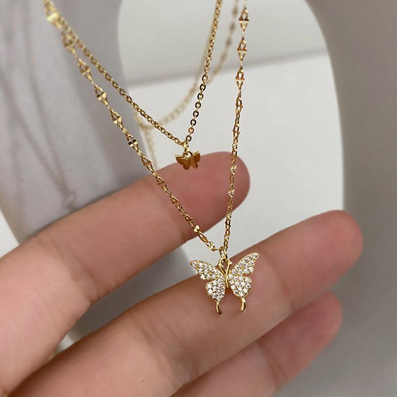 New Shiny Silver Butterfly Necklace Exquisite Double Layer Clavicle Chain Fashion Jewelry Gift for Women