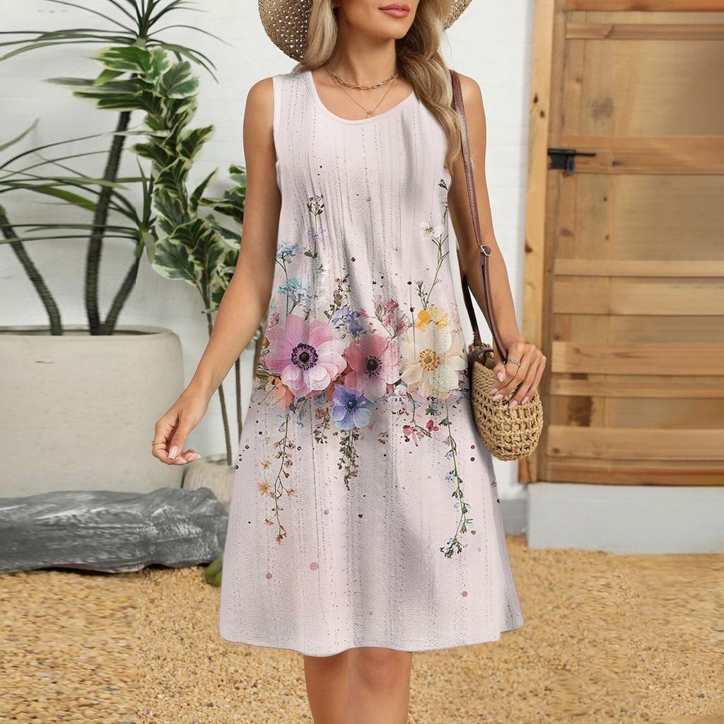 Women's Casual Fashion Breathable Flower Printed Vest Dress With Pockets