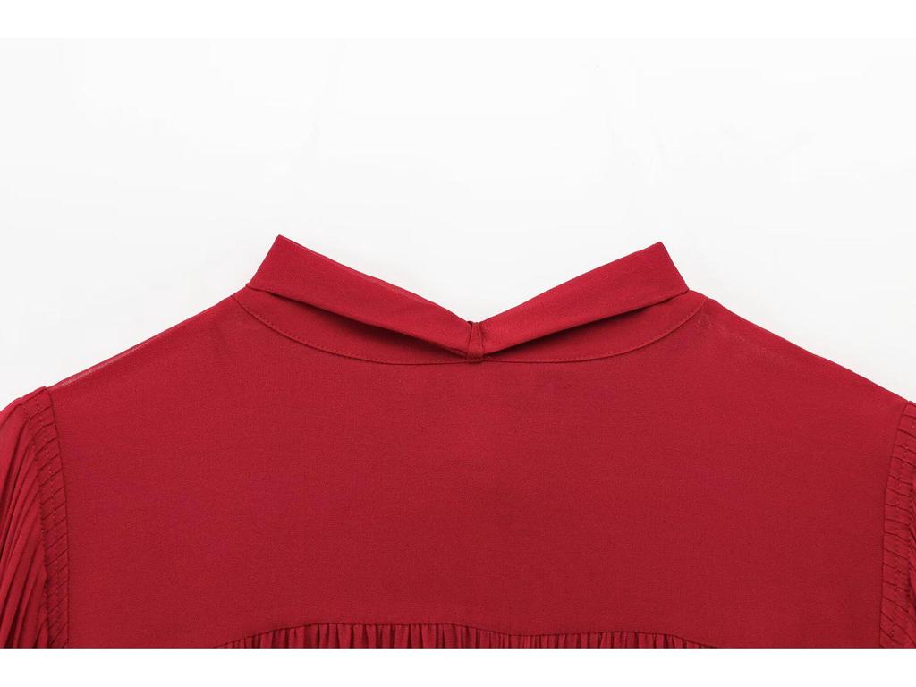 European & American Style Women's Red Bow Long Sleeve Stand Collar Shirt