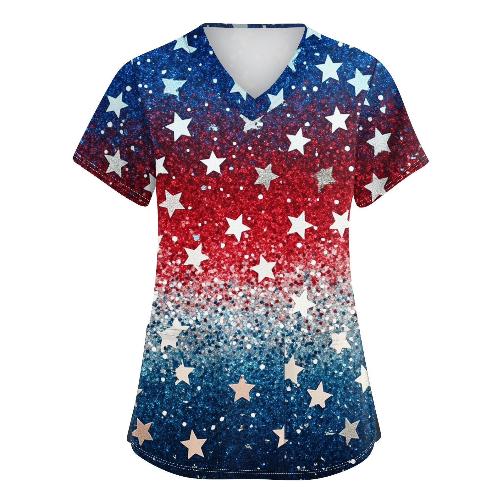 

Женская мода V-образный вырез короткий рукав рабочая одежда с карманами День независимости принтованные топы XXXL