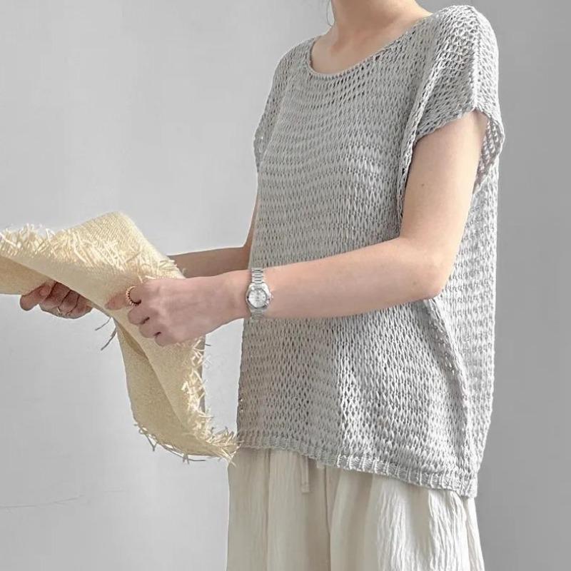 Summer Knitted Short Sleeve Loose Casual T-shirt Women Fashion Thin Minimalist Hollow Out Round Neck Tshirts Woman Elegant Slim Fit Tee Shirt 26323